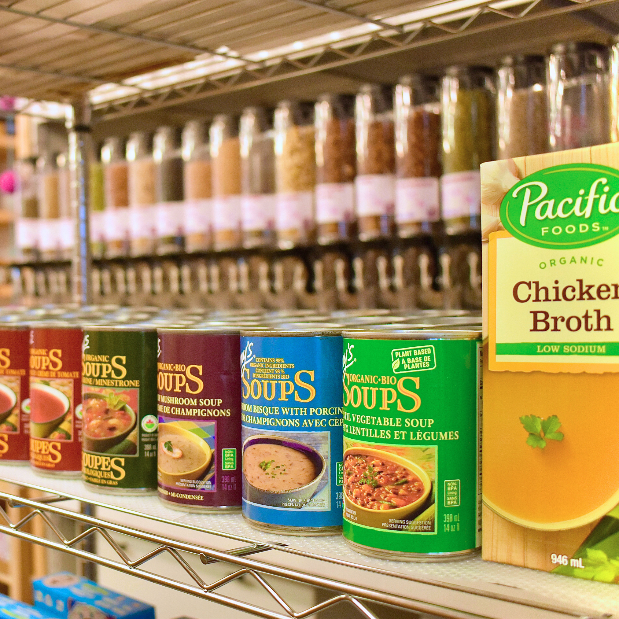 Shaggy Jack's Pantry Staples, Amy's Soup, Pacific Foods Soup, Pasta, Que Pasa Tortilla Chips